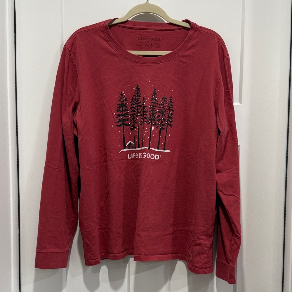Life Is Good Red Long Sleeve Tee with Forest Graphic